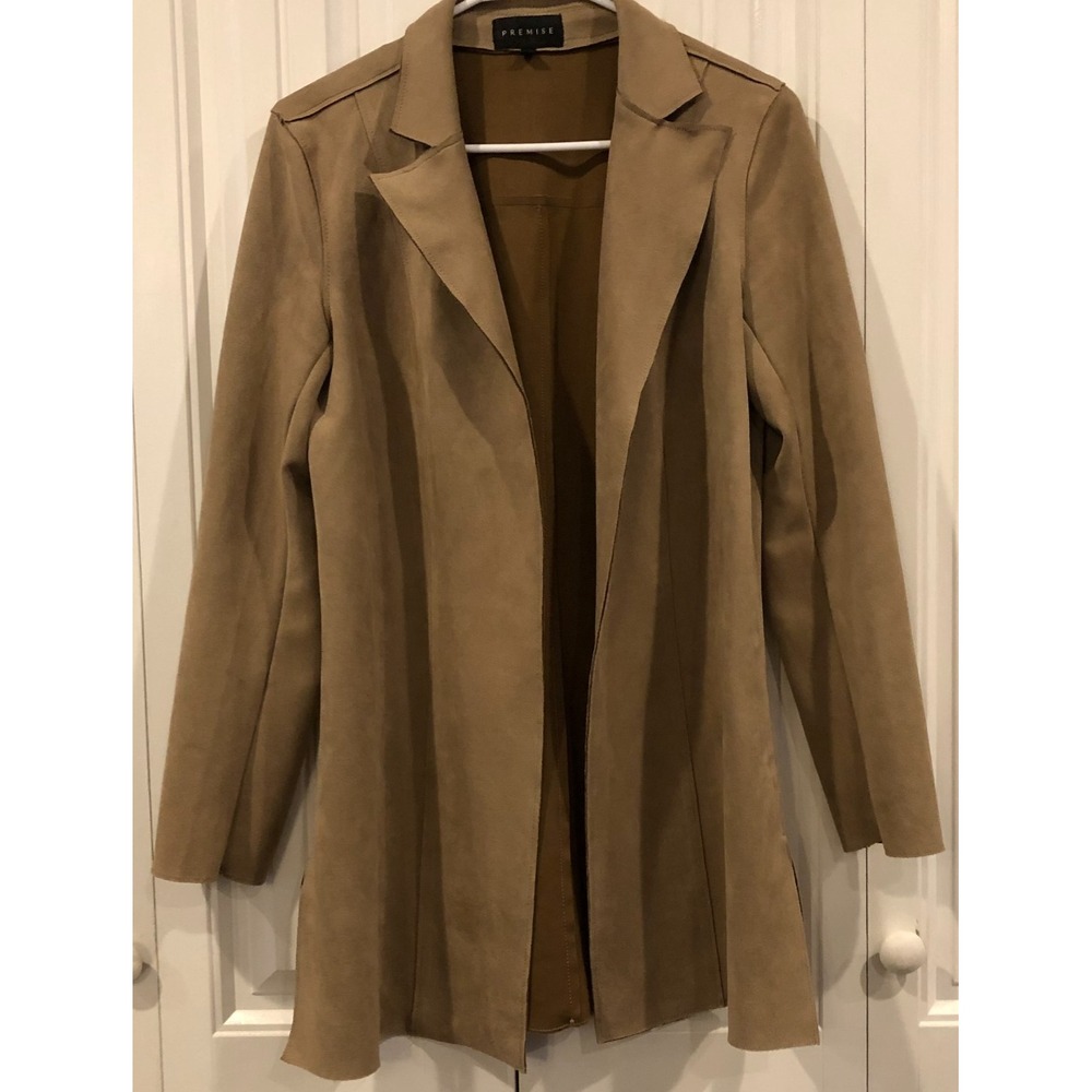 Premise Women's XS Camel Faux Leather Blazer Jacket Open Front Longline Tan